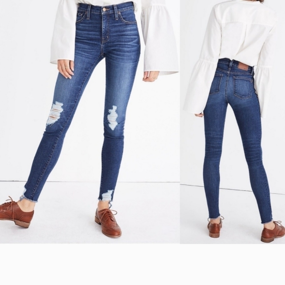 Madewell 9" High Rise Skinny Dark Wash Destructed Distressed Uneven‎ Hem Sz 26T